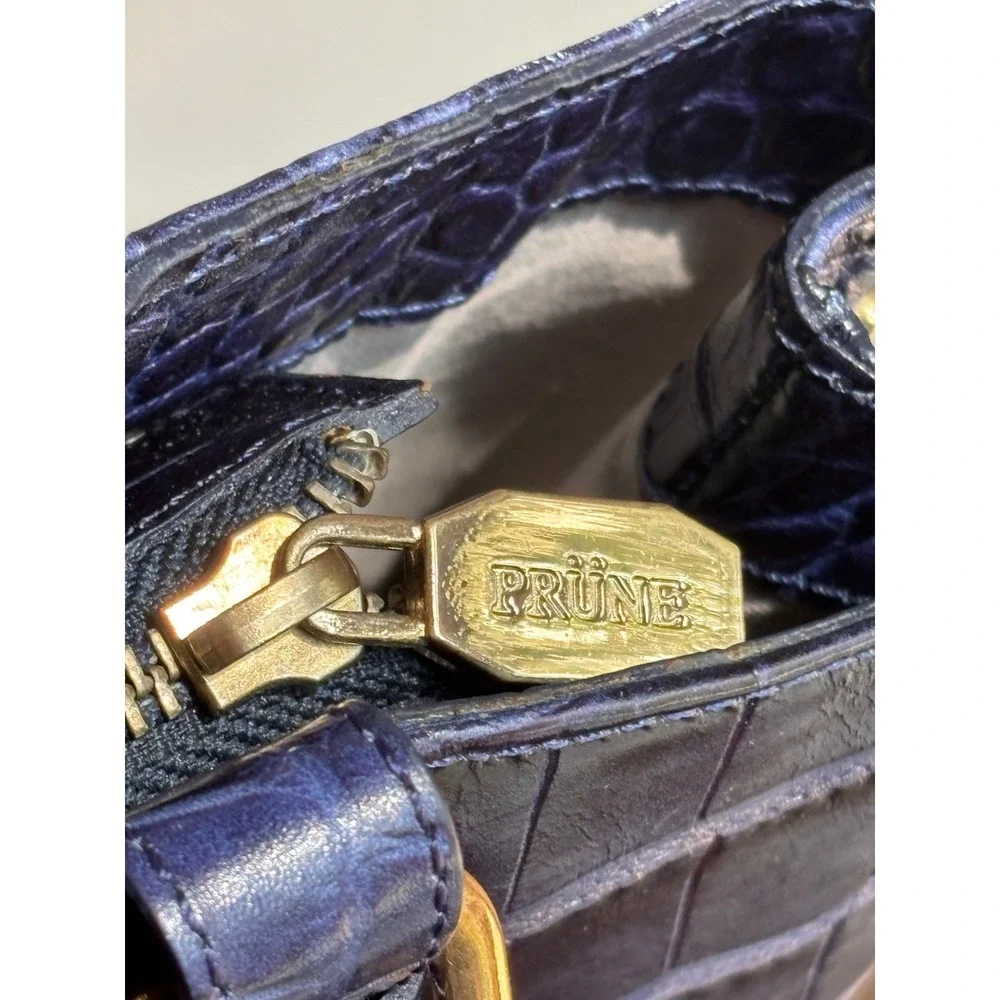 Prüne‎ Navy Blue Croc Embossed Leather Satchel Handbag Gold Hardware 9073